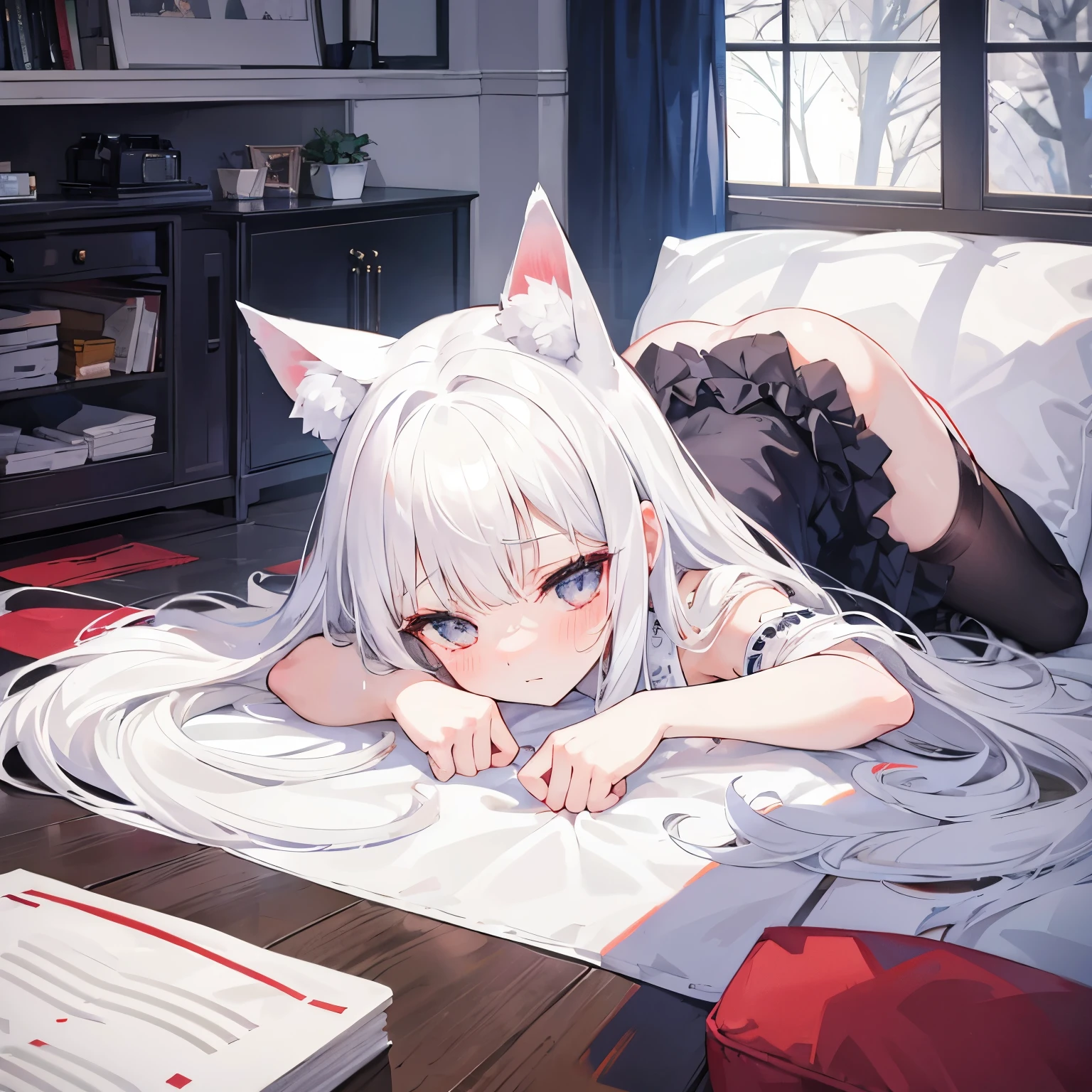 a girl，white hair，white silk，Cat ear，The camera is bottom-up，Sex，lie  down，Split legs，blush - SeaArt AI