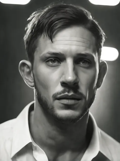 (Black and white photo portrait head close-up)，(20-year-old Tom Hardy hangs a cigarette） ，（Very very clean and smooth skin：1.37）...