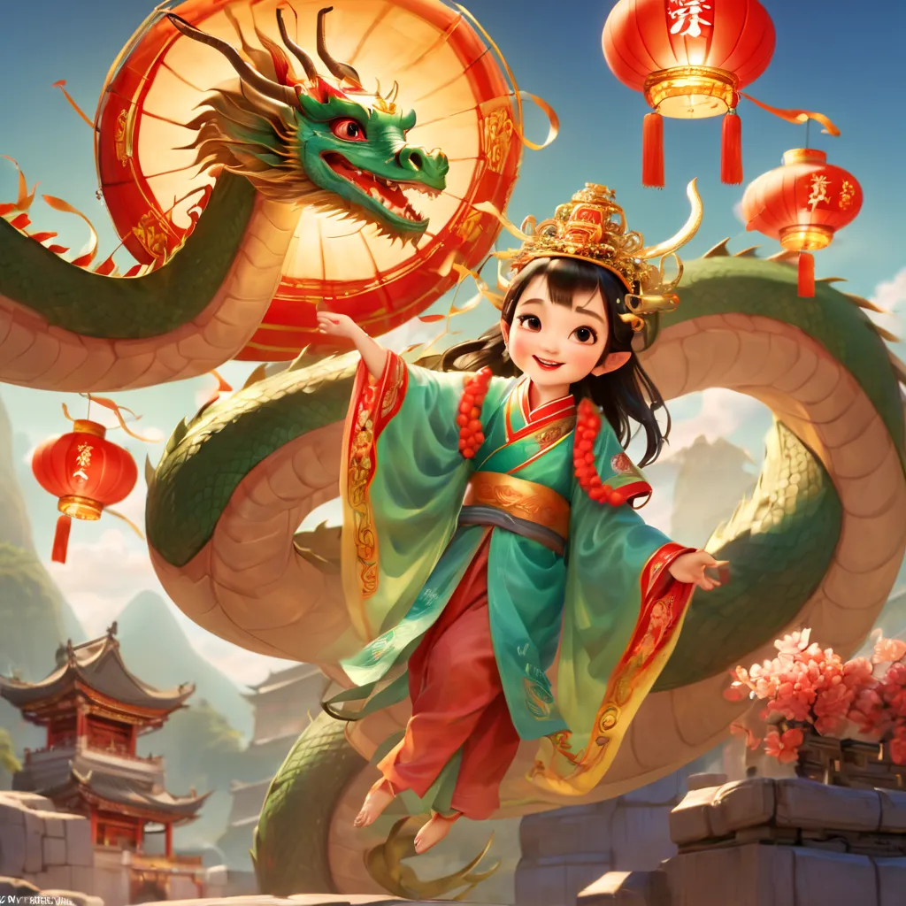Ancient culture，China主题，China图案，China风格，girl，Princess，baby dragon，myth生物，legendary，可like，harmonious，lantern，Width，decoration，myt...