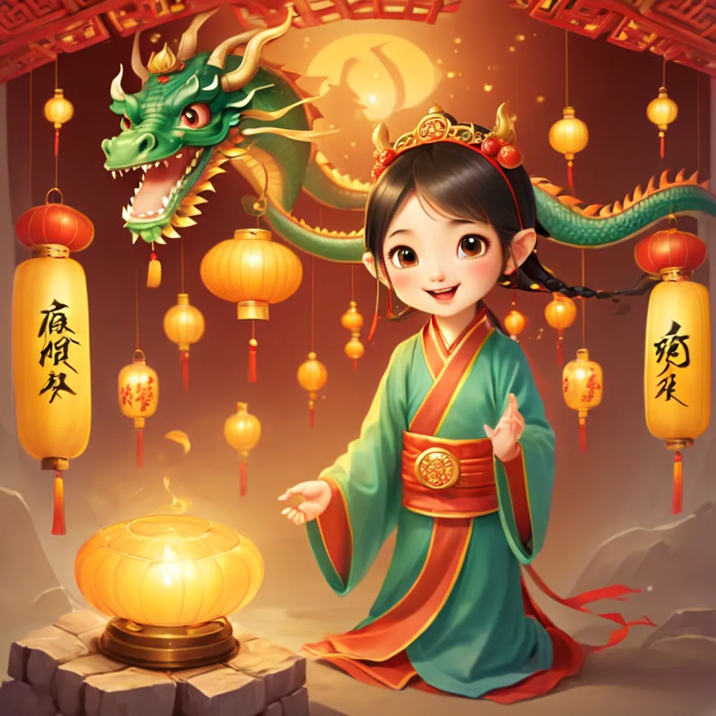 Ancient culture，China主题，China图案，China风格，girl，Princess，baby dragon，myth生物，legendary，可like，harmonious，lantern，Width，decoration，myt...