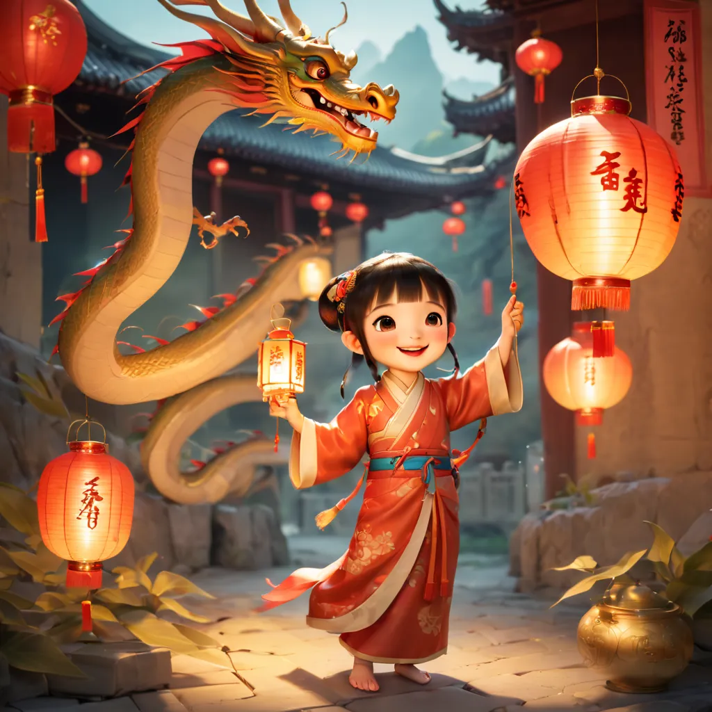 Ancient culture，China主题，China图案，China风格，girl，Princess，baby dragon，myth生物，legendary，可like，harmonious，lantern，Width，decoration，myt...