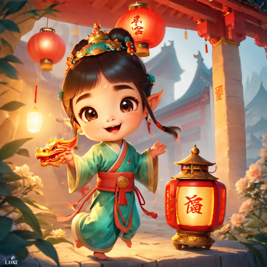 Ancient culture，China主题，China图案，China风格，girl，Princess，baby dragon，myth生物，legendary，可like，harmonious，lantern，Width，decoration，myt...