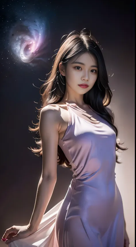 Background: Mysterious quantum environment, Cosmic elements and ethereal atmosphere，A mix of bright lights and colorful nebulae. Theme: A mysterious girl with a magical aura. She has long, Colorful wavy curls, The shiny hair stands out. His eyes are deep a...