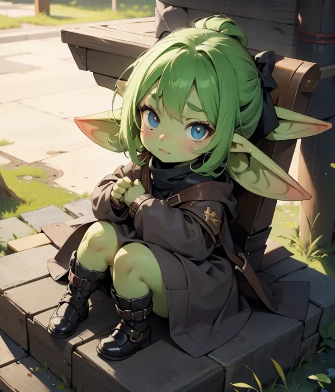 a little goblin girl with green skin, both mischievous and mischievous, with an embarrassed expression and a hand placed between...
