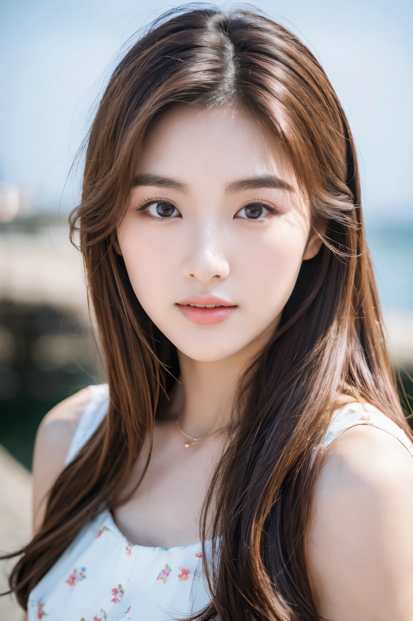 Portrait of a 25-year-old Korean woman, Brown hair, Wearing a fancy dress, Perfect Eyebrows, perfect lips, Perfect nose, professional color graded, stunning woman, Cute Korean Girl, Sharp focus, Long hair, Seafront, Natural skin sharp features,Model,full body image,View from the camera, Natural skin sharp features