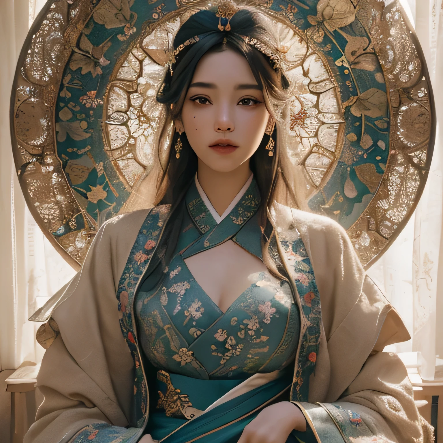 （mountain range in background， Rios， Auspicious clouds， kiosk， rays of sunshine， tmasterpiece， Epic work， hyper HD， high high quality， Very meticulous）Hanfu woman,Phoenix Crown Tiara、Meticulous embroidery、Wear Hanfu、Wearing sleeveless Hanfu、Transparency  clearly visible, size too big、raw,(8K、quality、tmasterpiece:1.8)、(intricately details:1.8)、(Real-sense:1.8)、octane renderings、Complex 3D rendering hyper-detail, gentlesoftlighting, Edge lights, vibrant detail, super detailing,  skin texture, Nice face, Beautiful facial features, Very detailed CG Unity 16k wallpaper, cosmetics, Skin glows、spread your legs，Camel toe showing thigh!!!、