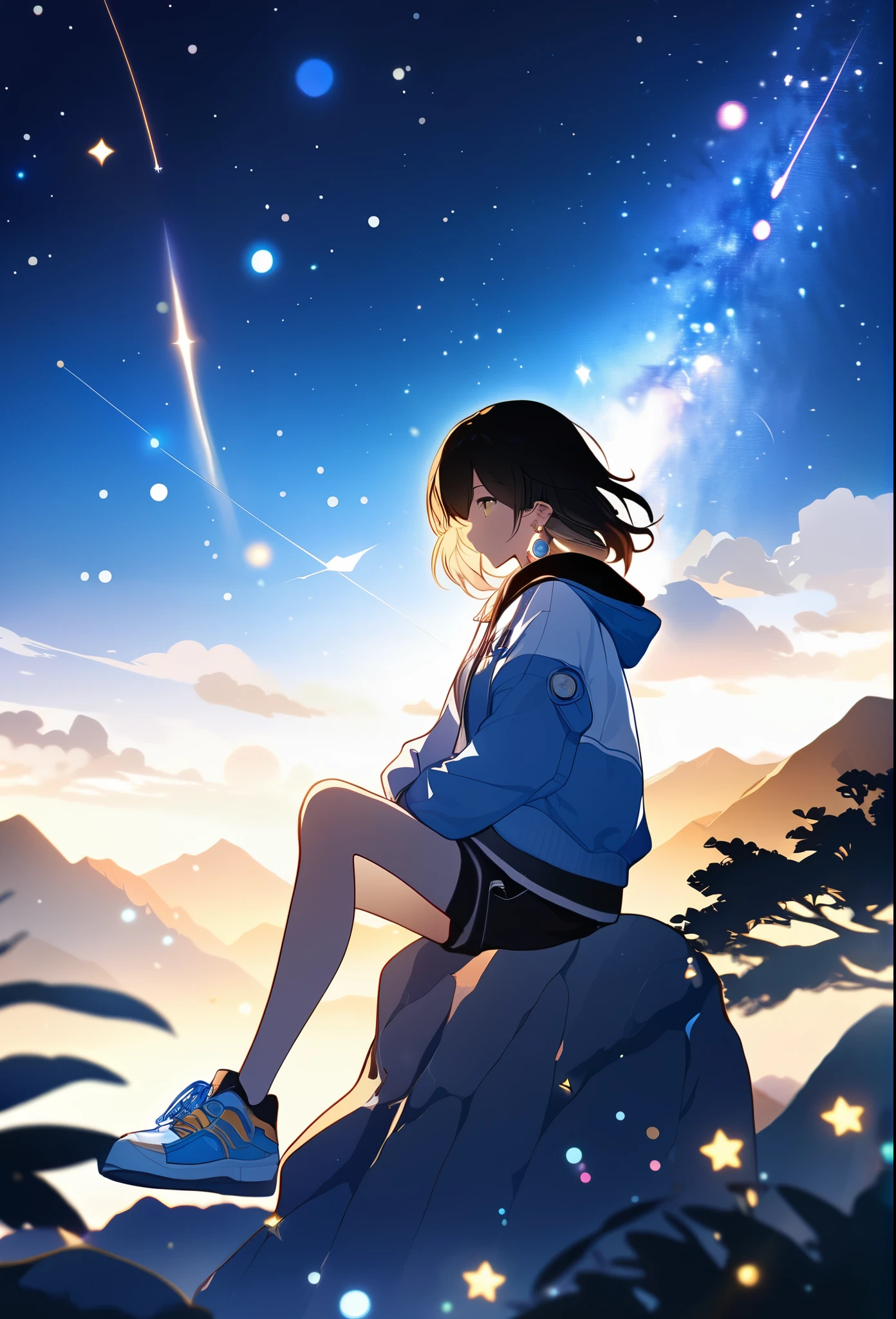 movieのような写真 (masterpiece), (highest quality), (super detailed), place, honkai: star rail, official art, 1 girl, alone, gouache, starry sky, Mountain, long hair, hoodie, shorts, sneakers, yellow eyes, Tsurime, sitting on a rock, starry sky観察, milky way, shooting star, Quiet night., figure, messy hair, fine eyes, perfect composition, moist skin, intricate details, earrings . 35mm photo, movie, Bokeh, Professional, 4K, very detailed