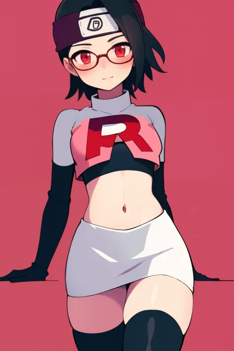 masterpiece, highest quality, best quality, 1girl, solo, looking at viewer, evil, 
uchiha sarada, black hair, blush, red framed glasses, short hair, forehead protector,  headband, red eyes, team rocket,team rocket uniform,white skirt,crop top,black thigh-h...