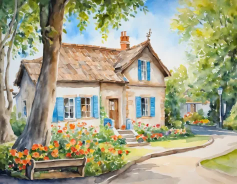 Watercolor Art, watercolor painting in Soft Color Tones depicting a view of a beautiful village house with carved trim and a ben...