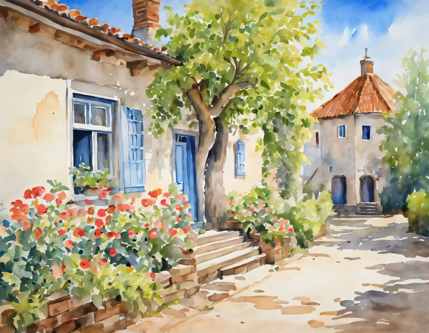 Watercolor Art, watercolor painting in Soft Color Tones depicting a view of a beautiful village house with carved trim and a bench under the window, The house is located in a beautiful courtyard, a birch tree and a front garden with flowers grow nearby, blue sky, Soft Color Tones