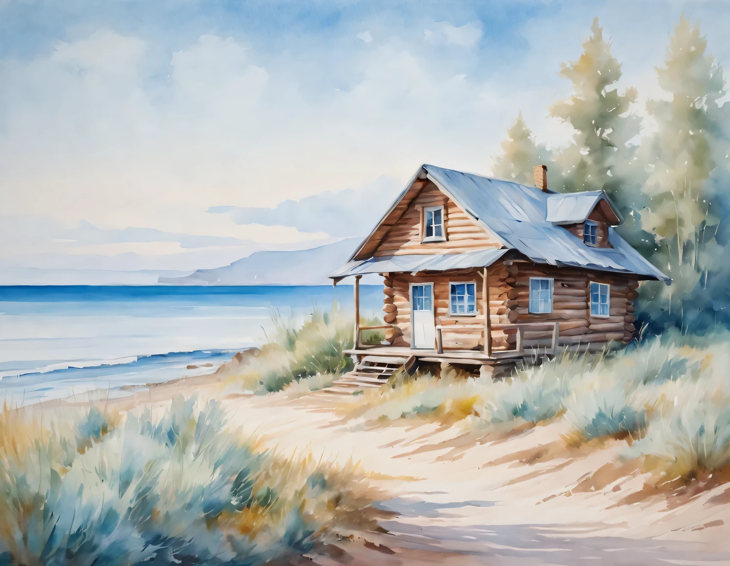 油畫藝術, watercolor painting in 柔和的色調, 海邊的小木屋, 藍天, 柔和的色調, 布面油畫