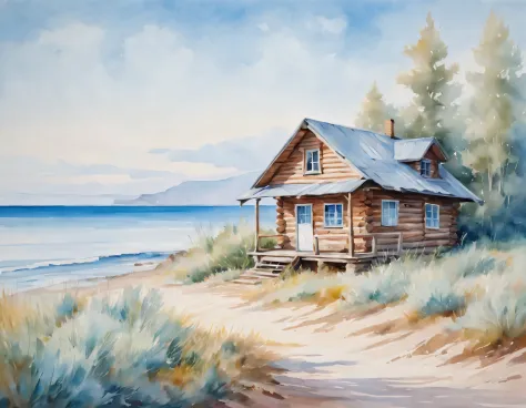 oil art, watercolor painting in Soft Color Tones, log cabin by the sea, blue sky, Soft Color Tones, oil painting on canvas