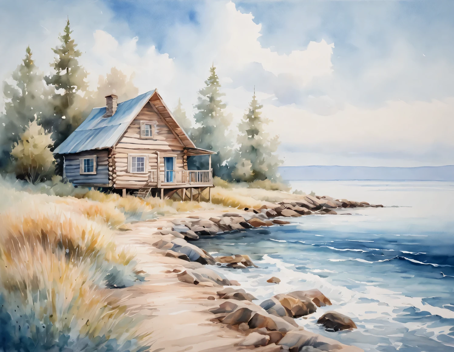 油絵, watercolor painting in 柔らかい色調, 海沿いの丸太小屋, 青空, 柔らかい色調, キャンバスに油絵