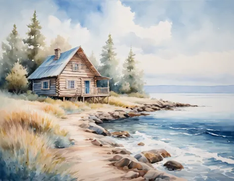 oil art, watercolor painting in Soft Color Tones, log cabin by the sea, blue sky, Soft Color Tones, oil painting on canvas