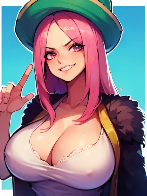 Big Breasts, smile, bonney, pink hair, cute smile,a white blouse