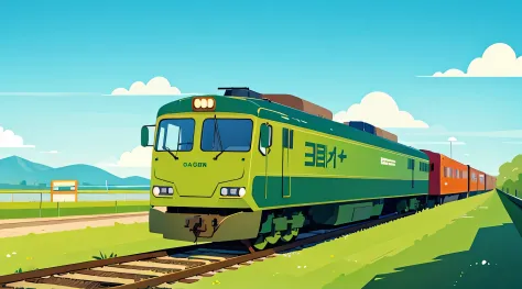 green train，Rectangular train，Freight trains，symmetry，Vintage trains，illustration，detail