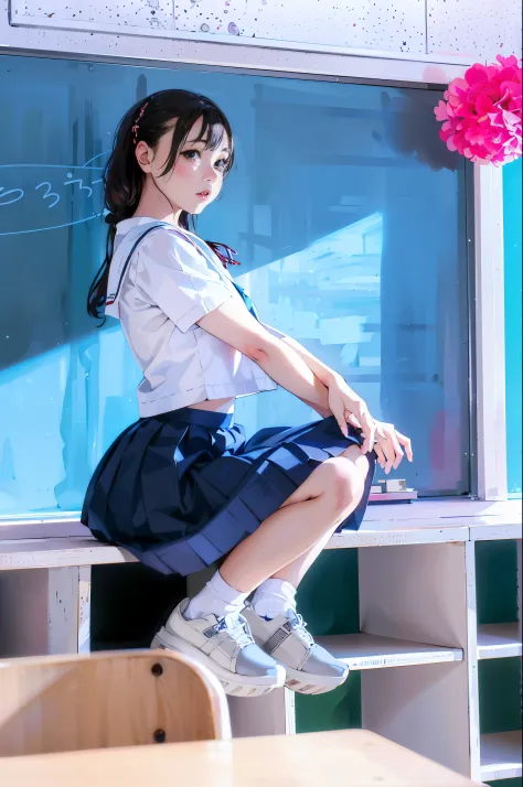 A young woman is sitting at a desk in front of a blackboard, japanese girl uniform, Photo of high school girl posing, wearing japanese school uniform, cute high school girl, japanese school uniform, Young and cute gravure idol, young gravure idol, realisti...
