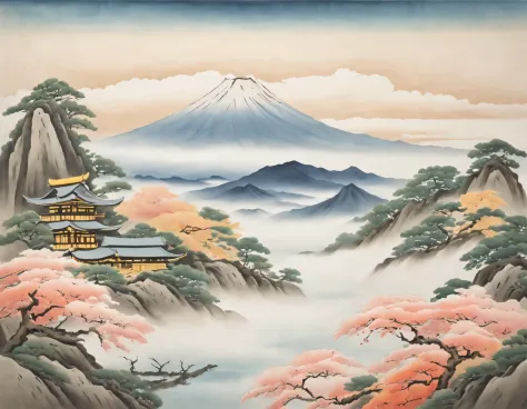 soft color tones, japanese painting by meisho-e, fujiyama and clouds