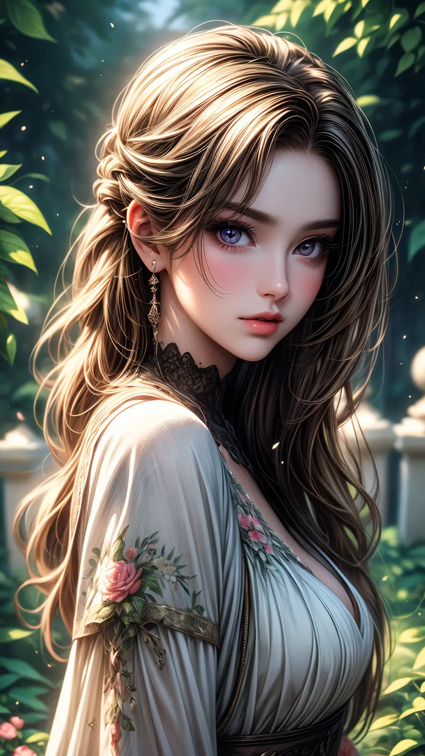 a girl in a garden,beautiful detailed eyes,beautiful detailed lips,extremely detailed eyes and face,longeyelashes,illustration,u...