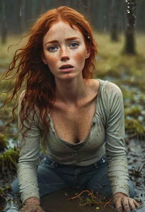 nordic cold nature, full body drowning,an exquisitely detailed photograph of a graceful red-haired girl with freckles, a scatter...