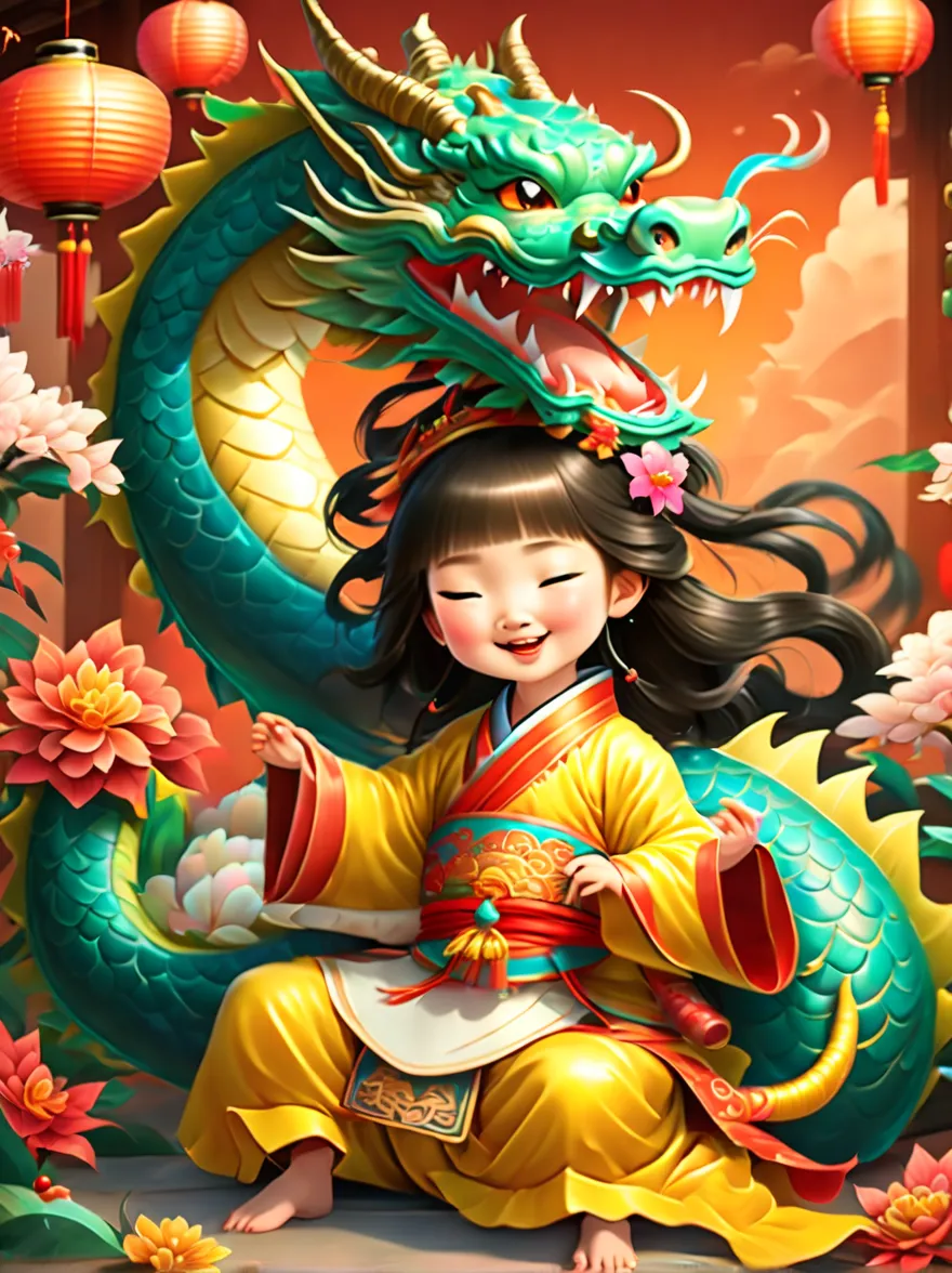 joyful and festive scene featuring a cute and lively 5-year-old ancient chinese princess embracing a fluffy-textured, mythical c...