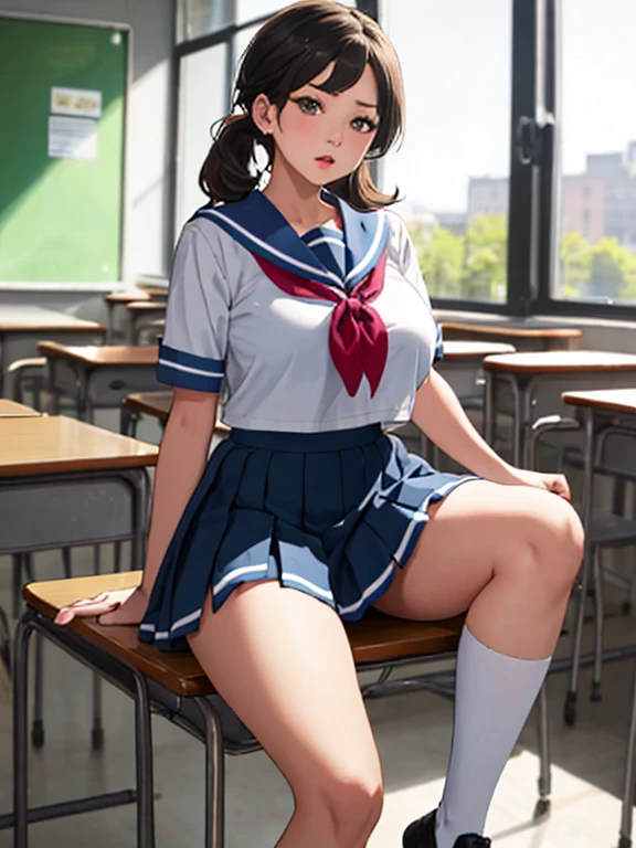 highest quality,masterpiece, High resolution, 8K,  detailed background、Beautiful teenage girl、(1 woman),cute hairstyle、cute hair color、perfect body、huge breasts、sexual expression、white sailor suit、Light blue sailor color、(Light blue pleated skirt)、bright colored knee high socks、classroom、thick thighs、sitting、She gets angry and lifts her skirt to show her panties.