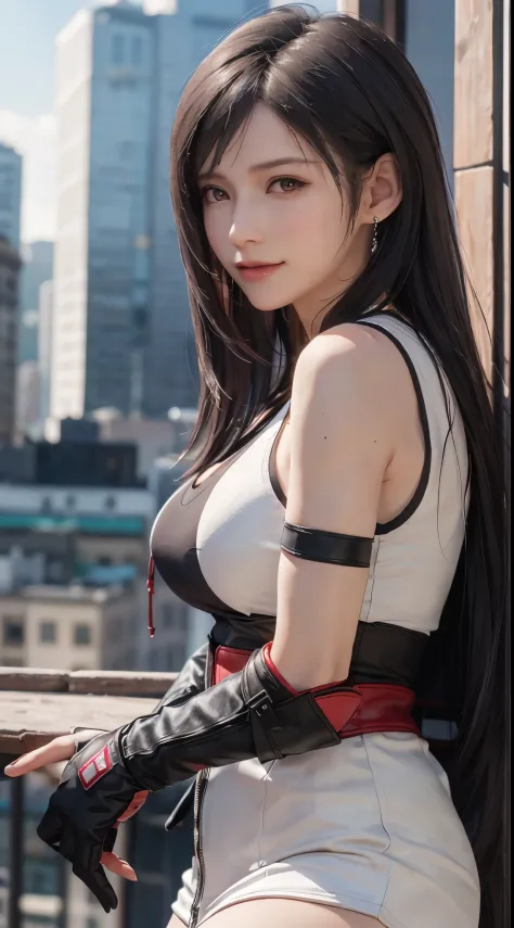8k，masterpiece，basic quality，big deal，（1 girl），Tifa Lockhart，red eyes，top down view，The rooftops of the city，black hair color ha...