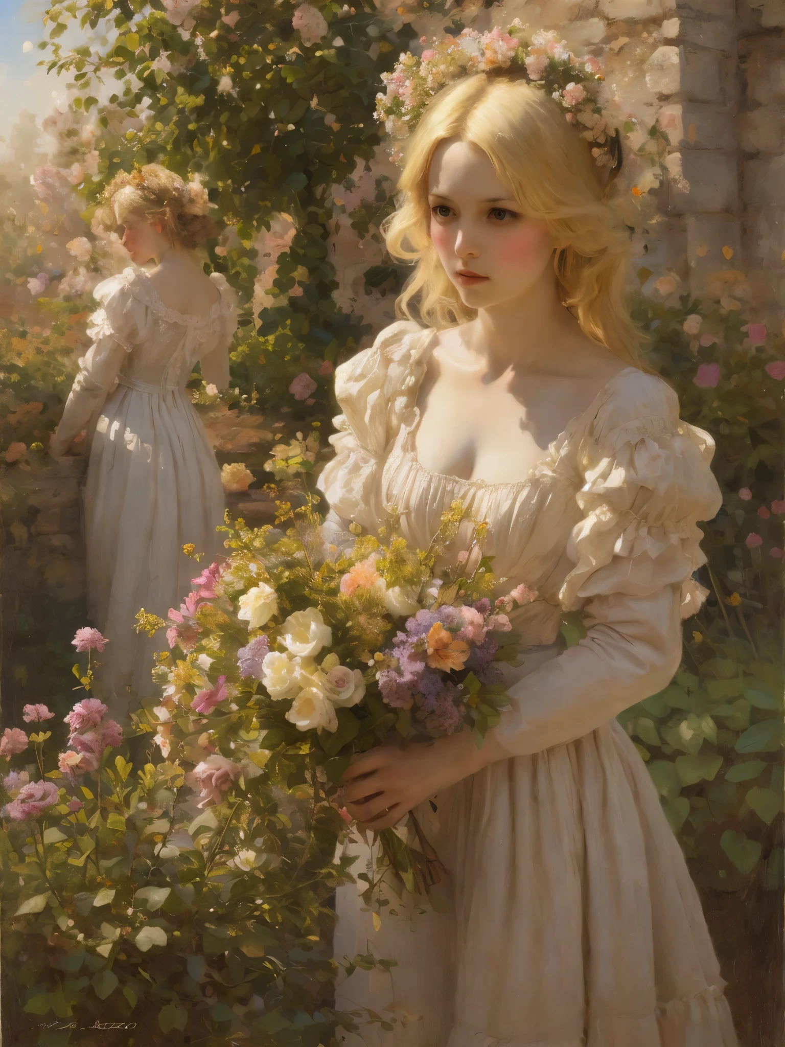 Nydia Lozano（Nydia Lozano）Art style。Europe 19th century，in the sun，European lady in the garden，Detailed hands，portrait。blond hair。Artistic creation：1.37.Natural soft light，Describe the charm and beauty of light and shadow。