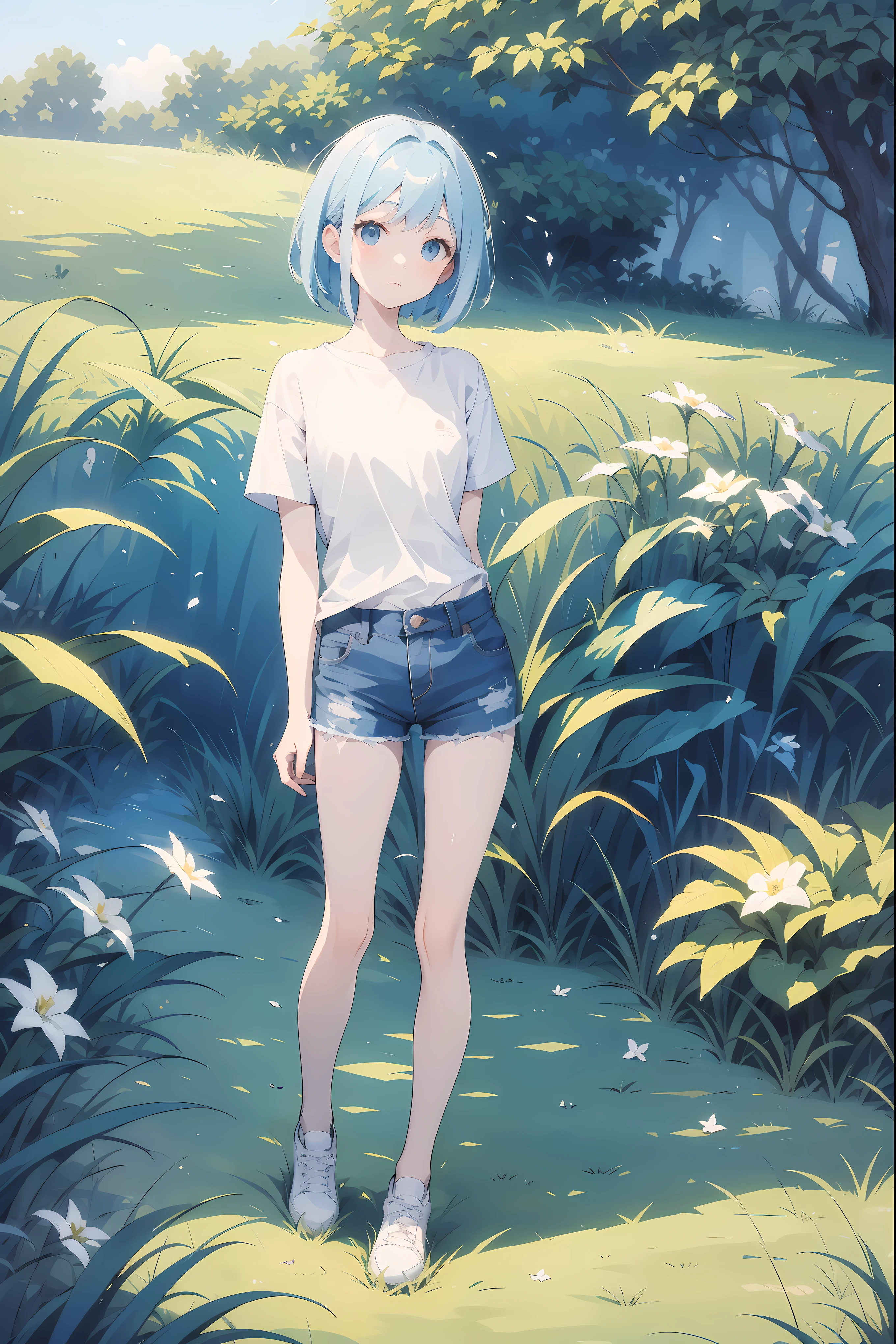 masterpiece, best quality, highly detailed, incredibly absurdres, high detail eyes
BREAK
empty open grass field, blue sky, detailed background, outdoors, life-size-body, full body
BREAK  
1girl, pale skin, small chest, light blue eyes, light blue hair, bangs, bobcut
BREAK 
white t-shirt 
BREAK 
blue denim jean shorts 
BREAK 
white sneaker