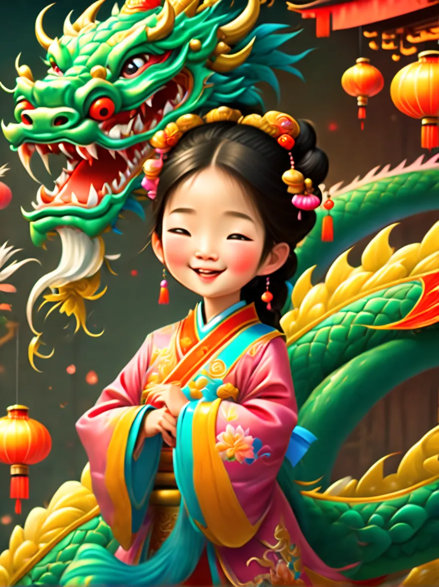 joyful and festive scene featuring a cute and lively 5-year-old ancient chinese princess embracing a fluffy-textured, mythical c...