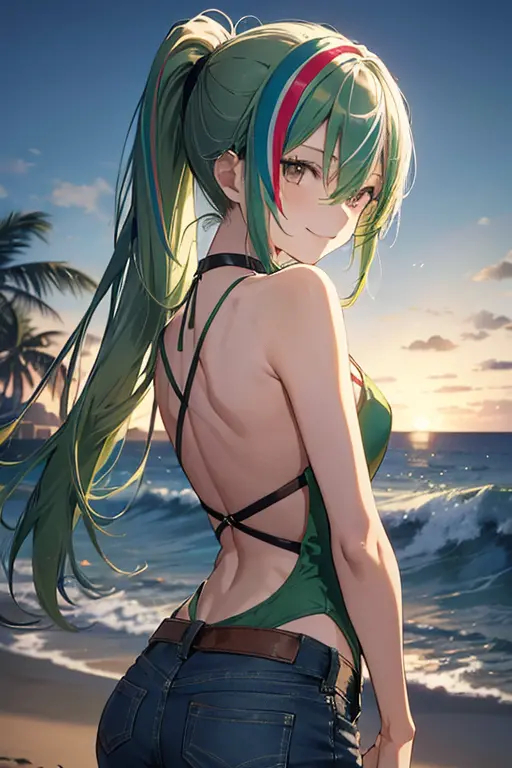 A 25 year old Japanese slender lady who is wearing a green sunglasses, ponytail (( short length)) hair and silver ((streaked hai...