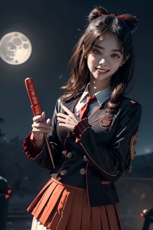 Top quality, masterpiece, extremely detailed CG unity 16K wallpaper, ultra-high resolution, high definition, (perfect body, correct anatomy:1.5), (from front view:1.4), dynamic, professional photo, raw photo, photorealistic, cinematic lighting, 1 girl, ((Japanese teen, 17 years old:1.1)), ((evil witch:1.3)), cowboy shot, solo, looking at viewer, intricately detailed face, hyper-realistic skin texture, brown hair, (SINGLE hair bun:1.1), glossy hair, short hair, highly detailed skin, highly detailed eyes, (bright and red eyes:1.5), ultra-realistic nose and lips, slim outline of the face, expressive face, (evil smile:1.4), ((Japanese high school uniform, black blazer:1.4)), ((white collared shirt, red ribbon tie:1.1)), ((black pleated skirt:1.4)), slender, medium breast, ((perfect body proportion:1.2)), (((holding 1 magic wand, doing witchcraft:1.5))), (((emitting dark aura:1.2))), (((outdoor, old Shito shrine, night, full moon on the sky, countryside:1.3)))