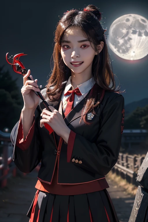 Top quality, masterpiece, extremely detailed CG unity 16K wallpaper, ultra-high resolution, high definition, (perfect body, correct anatomy:1.5), (from front view:1.4), dynamic, professional photo, raw photo, photorealistic, cinematic lighting, 1 girl, ((Japanese teen, :1.1)), ((evil witch:1.3)), cowboy shot, solo, looking at viewer, intricately detailed face, hyper-realistic skin texture, brown hair, (SINGLE hair bun:1.1), glossy hair, short hair, highly detailed skin, highly detailed eyes, (bright and red eyes:1.5), ultra-realistic nose and lips, slim outline of the face, expressive face, (evil smile:1.4), ((Japanese high school uniform, black blazer:1.4)), ((white collared shirt, red ribbon tie:1.1)), ((black pleated skirt:1.4)), slender, medium breast, ((perfect body proportion:1.2)), (((holding 1 magic wand, doing witchcraft:1.5))), (((emitting dark aura:1.2))), (((outdoor, old Shito shrine, night, full moon on the sky, countryside:1.3)))