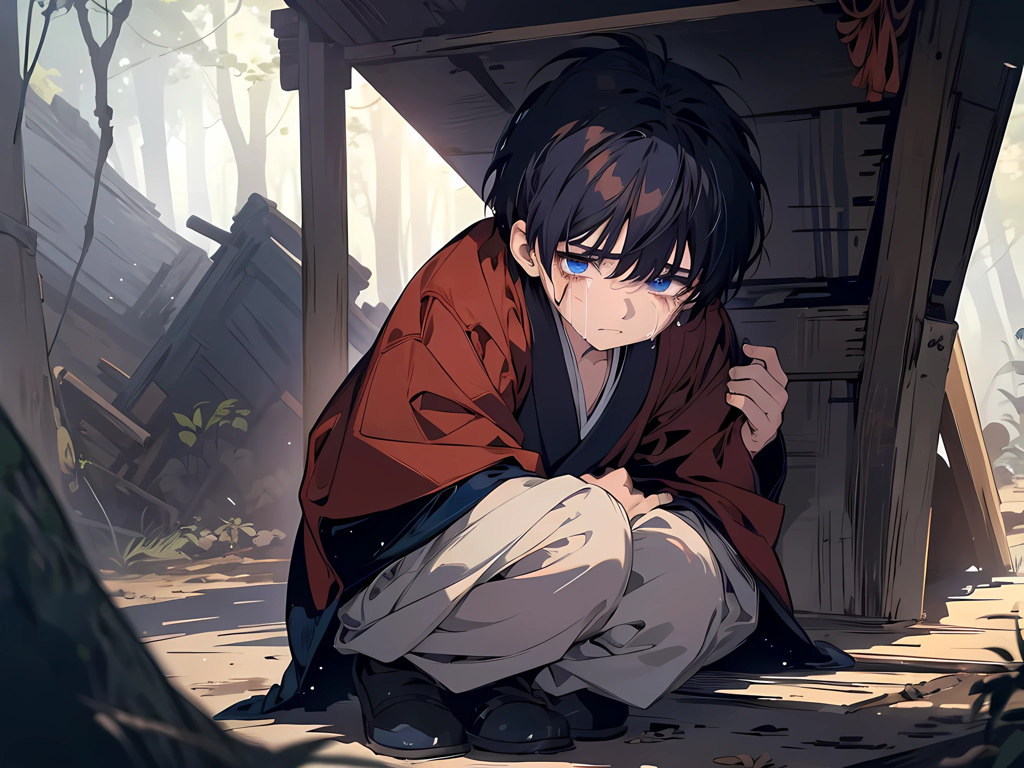 1 little kid, wearing han dynasty outfit, seriously injured, navy hair color, short hair, black eye color, face to detail, detailed eyes, crying, scared expression, the background is in the hovel in middle of forest, full-body illustration