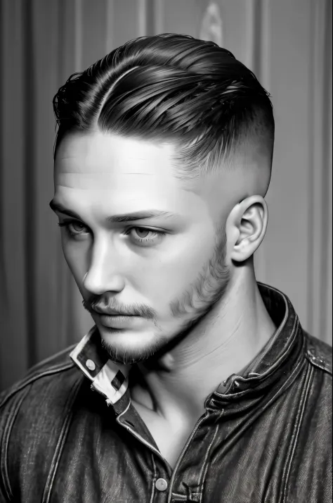 (black-and-white close-up of head) Tom Hardy, a 20-year-old boy, His white smooth skin is flawless, his eyes are deep, his chin ...