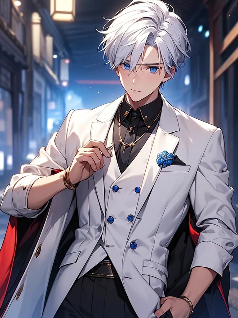 (best quality, masterpiece), 1 boy，white hair，Blue pick dye，blue eyes，White waistcoat，Black neck ornament，bead necklace，Red gold silk coat，Chinese，handsome，black shorts