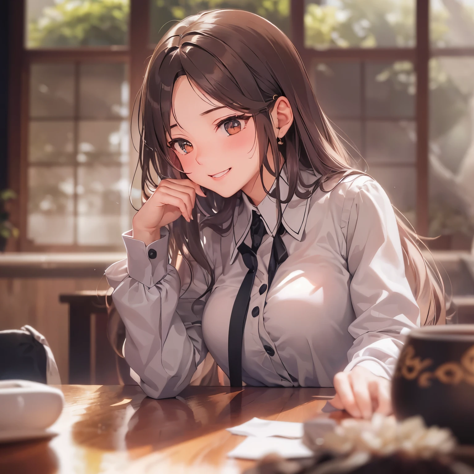 (looking away:1.5), masterpiece、highest quality、 forehead, A 25-year-old woman with light chestnut medium-long hair and brown eyes.、wearing a black suit, wearing a white blouse、wearing a gray skirt、smiling expression, shy, sitting straight、The background is a Japanese-style room、bold composition、Upper body is shown、Alone、close up of your face