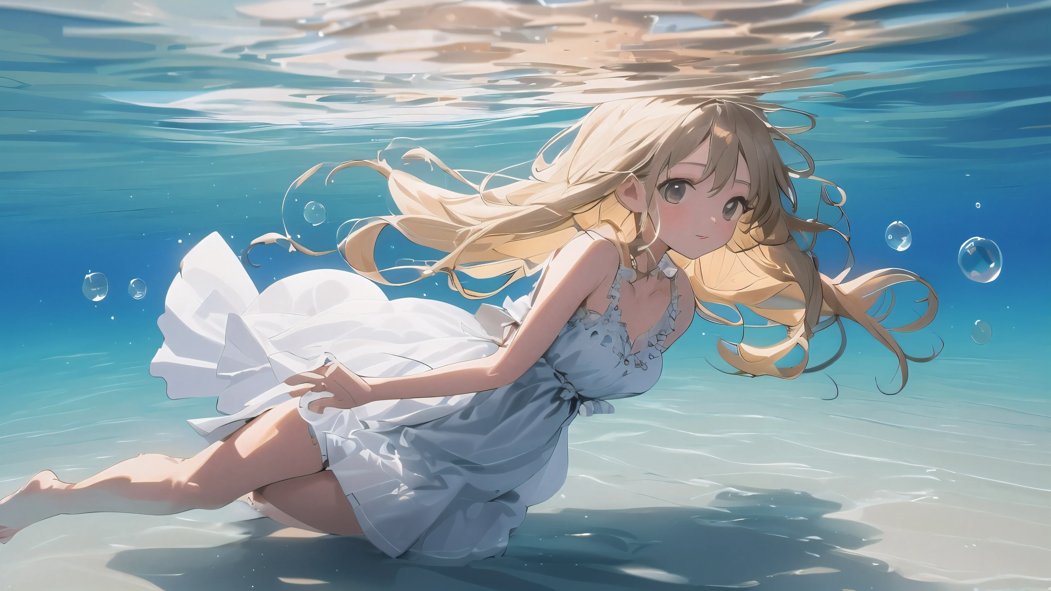 best quality, masterpiece, detailed, dynamic view, ((A girl of 10 years old)), wearing wet dress, beauty white silk dress with detailed Lace, (very long dress), (dress hem extends to the ankle), floating wet dress, (transparent), (best frills, best wrinkles, best shadow), bare feet, close eyes, sleepy, (floating drowning, floating under water, underwater photo, submerge), many water bubbles, clothed_masturbation, (8k resolution)