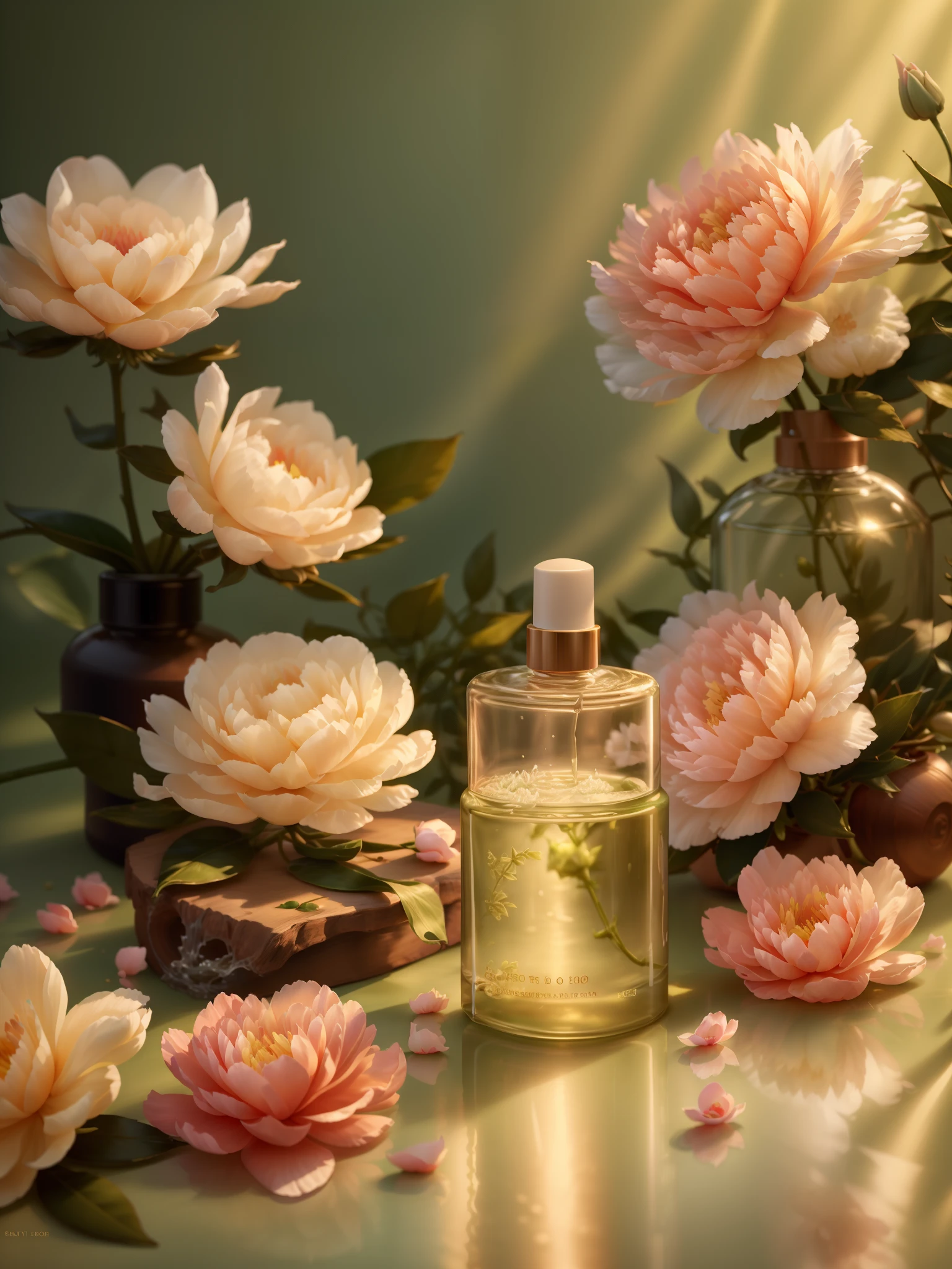 Refreshing Photos and Capture Ingredients Essential Oil Bottles。The stage features a fresh, soft green background and soft diffused lighting，Surrounded by peony flowers，Creates a fresh and sweet feeling。Place a beautifully designed essential oil bottle prominently in the frame，And decorated with delicate peony petals，Capture the moment when the scent envelopes the entire scene，Create an atmosphere of elegance and indulgence，8k，high resolution
