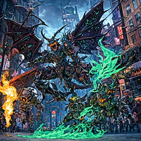 A creepy demon lit with an inner green fire and armored body with big wings and teeth stalks the streets of a city, use soft color tones