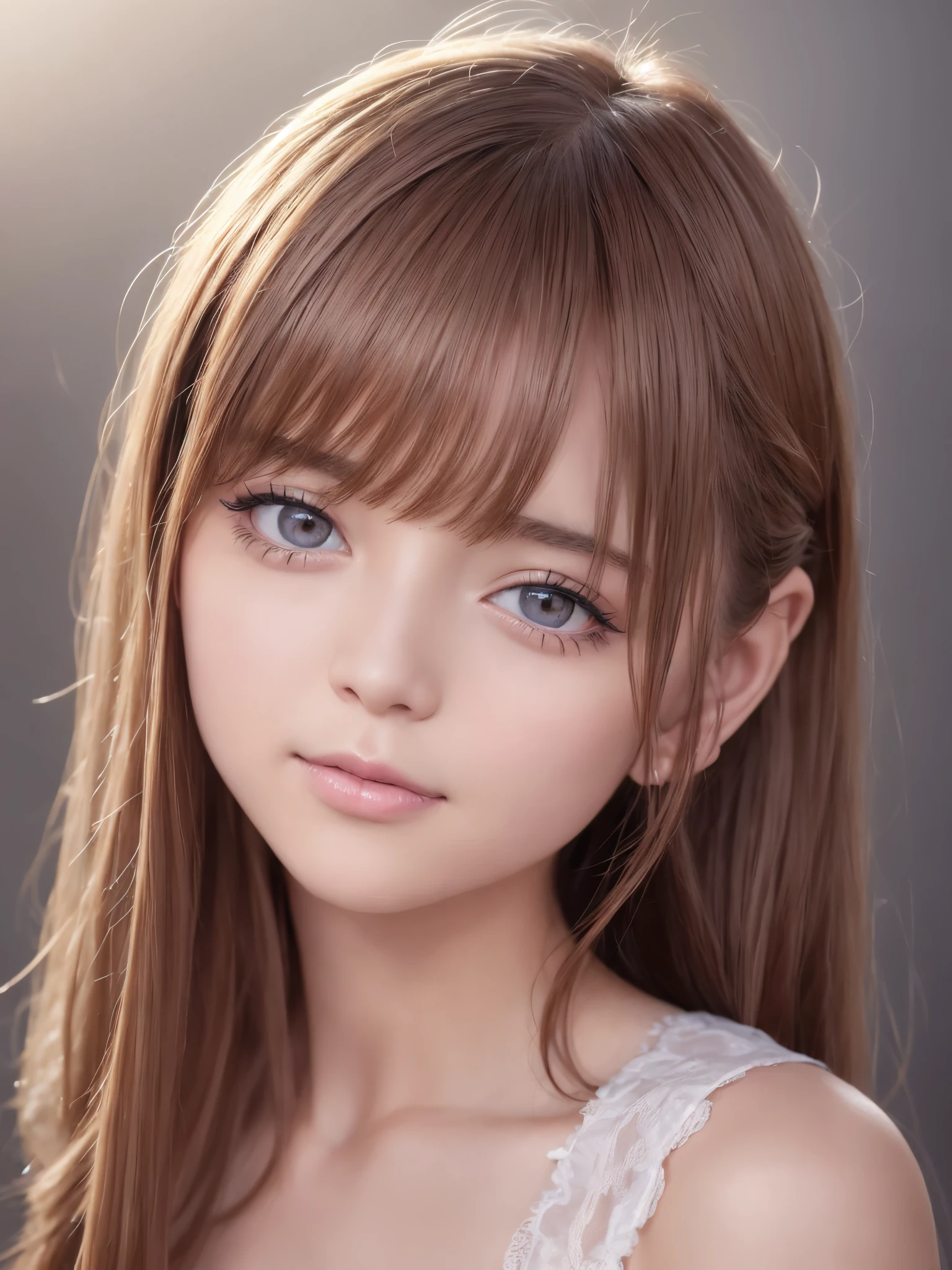 A woman with long brown hair and blue eyes posing for a picture - SeaArt AI