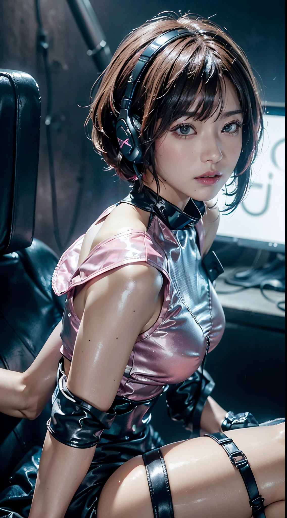 qualité supérieure, ultra haute définition, (rétroéclairage), (Photoréaliste: 1.4), (tir de cow-boy:1), 1 belle fille, (idole kpop), Visage détaillé, (Coiffure: rose:1, plein bang, style shortbob:1), contrasté, Anatomie parfaite, , Éclairage professionnel, ((portant des costumes de course de police futuristes, armoiries de la police, casque haute technologie, harnais militaire, Gants de course, pistolet)), coiffure extérieur miel bob, ("police", Couleurs des tissus à base de rose argenté noir blanc), (arrière-plan, voitures écrasées, feu, (explosion)),