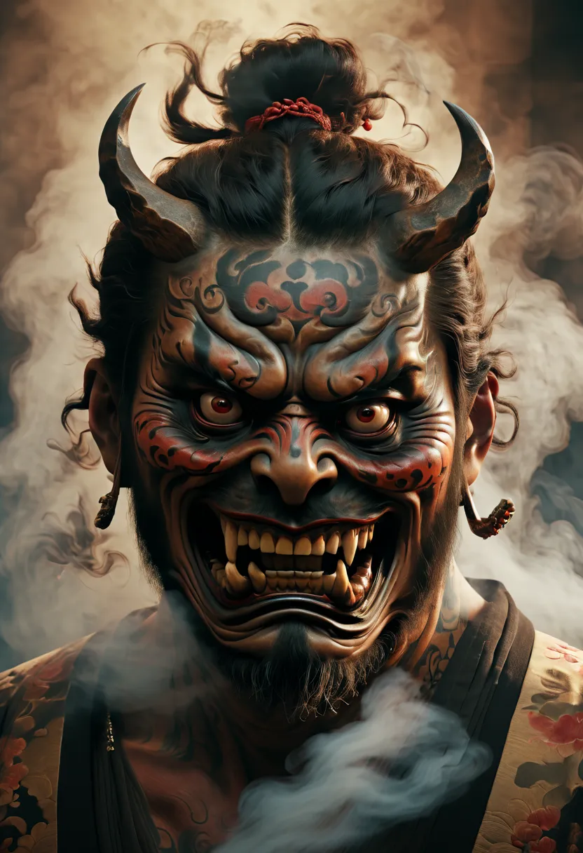 a man with japan demons face, ancient japan style, realism, realistic details, mysterious, mysterious, 8k resolution, stunning v...