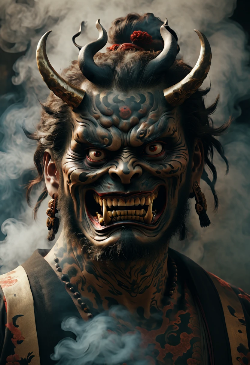 a man with japan Demons face, Ancient Japan style, Realism, Realistic Details, Mysterious, Mysterious, 8k Resolution, Stunning Visuals, ultra-detailed, full body, photo realistic, smoke around, mechanical