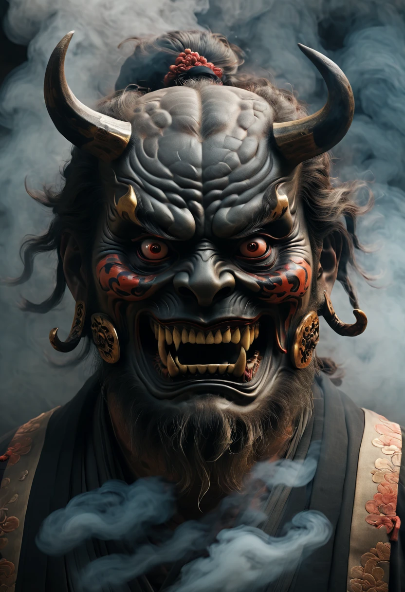 a man with japan Demons face, Ancient Japan style, Realism, Realistic Details, Mysterious, Mysterious, 8k Resolution, Stunning Visuals, ultra-detailed, full body of human, photo realistic, smoke around, mechanical