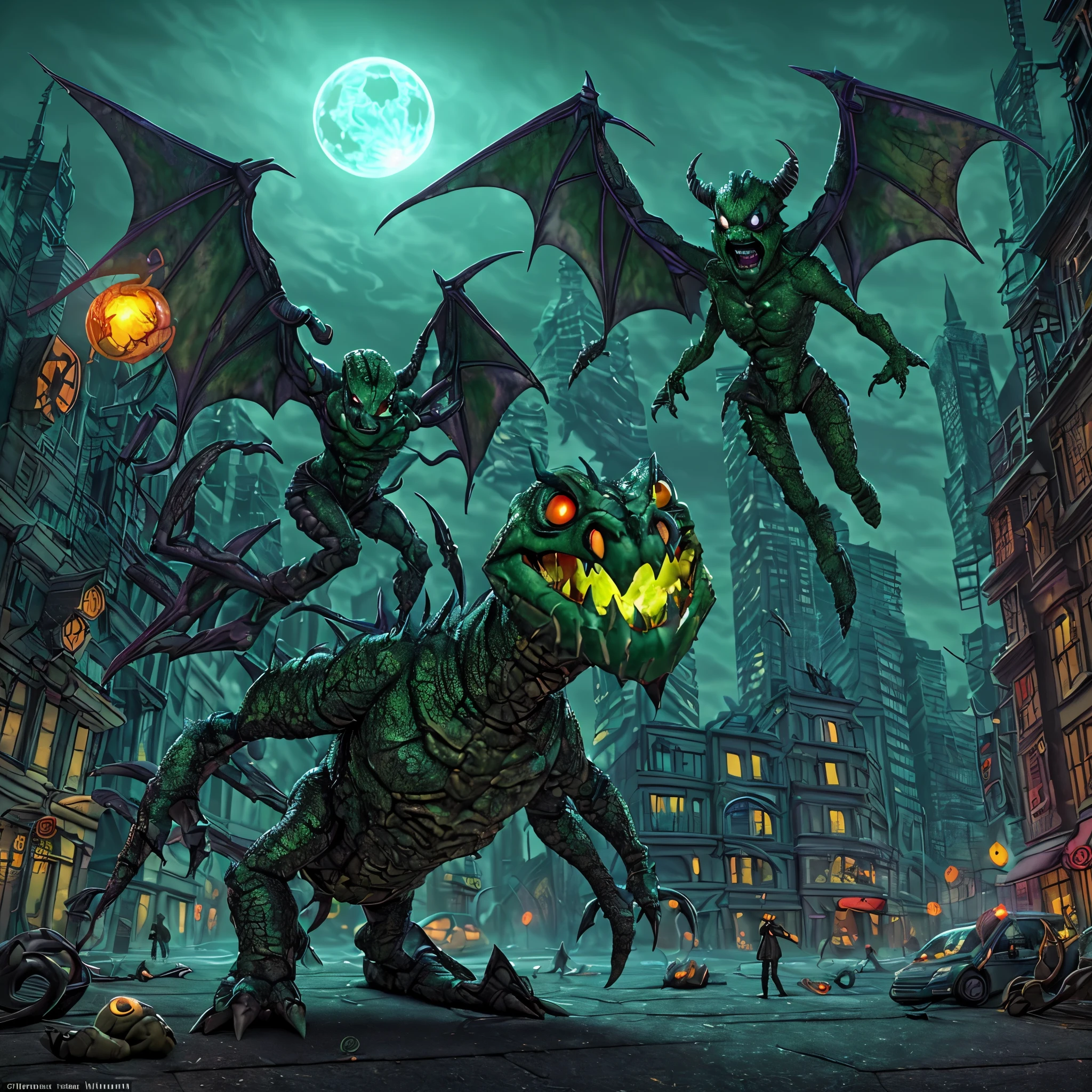 A creepy demon with an armored body, big wings, and sharp teeth stalks the streets of a city, lit by an eerie inner green fire. The demon's eyes glow with a menacing intensity. The demon's body is covered in a dark, metallic armor that reflects the dim city lights. Its large wings, spanning wide, are sharp and bat-like, adding to its intimidating presence. The demon's teeth are numerous and razor-sharp, giving it a fearsome and ferocious appearance. The city streets are shrouded in darkness, with only minimal soft light from street lamps and windows. The overall color tones are muted and desaturated, with a slight tint of green to enhance the eerie atmosphere. The demon moves with an eerie grace, its steps leaving deep imprints on the pavement. The surrounding environment, including buildings and cars, show signs of destruction and decay as a result of the demon's presence. People on the streets can be seen fleeing in terror, their expressions filled with panic and fear. The demon's gaze is fixated on its next prey, emanating a sense of imminent danger and doom. The cityscape serves as a haunting backdrop, with tall skyscrapers towering over the scene, casting long shadows that add to the overall sinister ambiance. In the distance, a full moon illuminates the scene, casting an ethereal glow on the twisted architecture and the demon's silhouette. The combination of moonlight and the demon's inner green fire creates a surreal and otherworldly lighting effect, heightening the sense of fear and unease. The prompt for Stable Diffusion for this eerie demon scene with an inner green fire would be: "demon,armored body,big wings,sharp teeth,city,soft color tones,eerie inner green fire,glowing eyes,dark metallic armor,bat-like wings,intimidating presence,desaturated color,muted tones,green tint,destruction,decay,panic,fear,next prey,haunting backdrop,skyscrapers,long shadows,sinister ambiance,full moon,ethereal glow,surreal lighting effect,fear,unease"