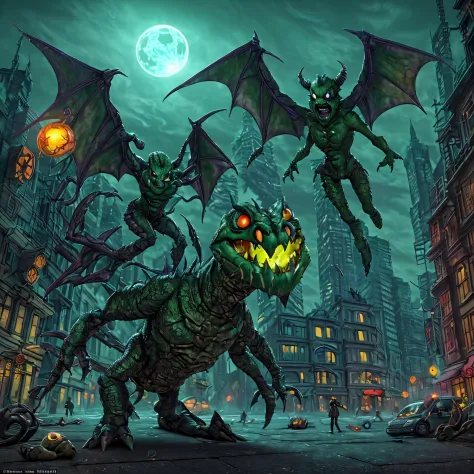 A creepy demon with an armored body, big wings, and sharp teeth stalks the streets of a city, lit by an eerie inner green fire. The demon's eyes glow with a menacing intensity. The demon's body is covered in a dark, metallic armor that reflects the dim cit...