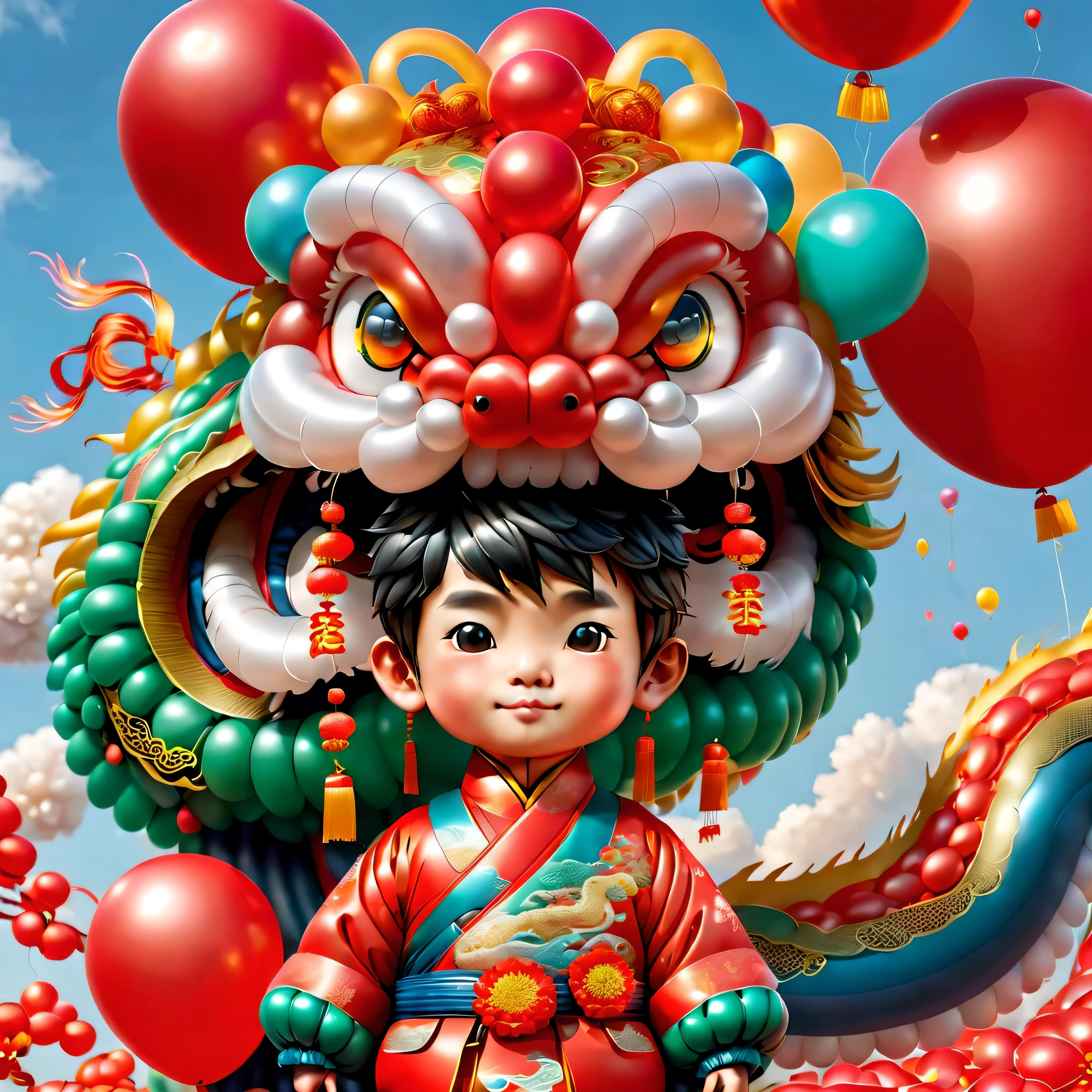 ((1 cute and festive Chinese dragon made of balloons and a  made of balloons, wearing traditional Chinese clothes made of balloons, Spring Festival, firecrackers, auspicious clouds, red background)), Cute and detailed digital art, lovely digital painting, Cute balloon penguin, Lovely detailed artwork, ((Cute vector illustration)), digital painting very detailed, Cute and colorful, adolable, Highly detailed digital artwork, Detailed and colorful