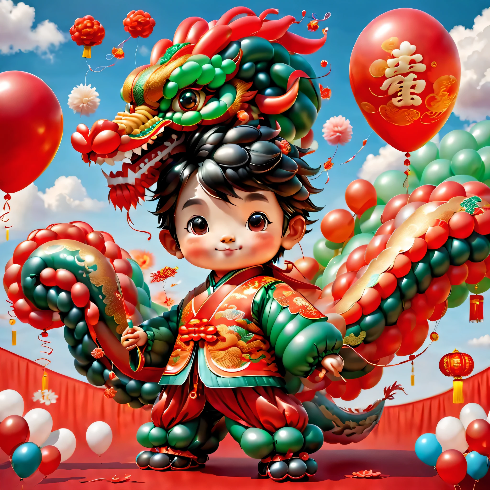 ((1 cute and festive Chinese dragon made of balloons and a  made of balloons, wearing traditional Chinese clothes made of balloons, Spring Festival, firecrackers, auspicious clouds, red background)), Cute and detailed digital art, lovely digital painting, Cute balloon penguin, Lovely detailed artwork, ((Cute vector illustration)), digital painting very detailed, Cute and colorful, adolable, Highly detailed digital artwork, Detailed and colorful