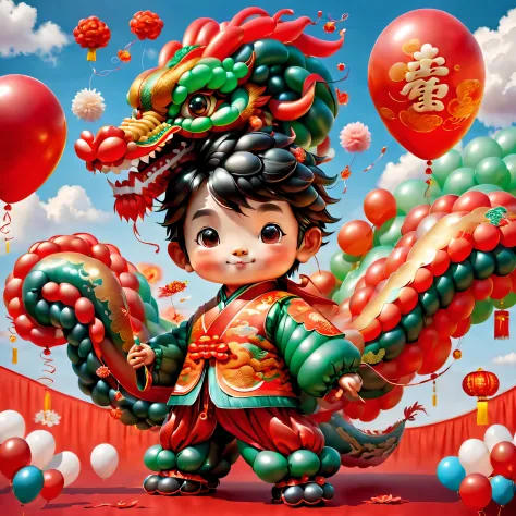 ((1 cute and festive Chinese dragon made of balloons and a little boy made of balloons, wearing traditional Chinese clothes made...